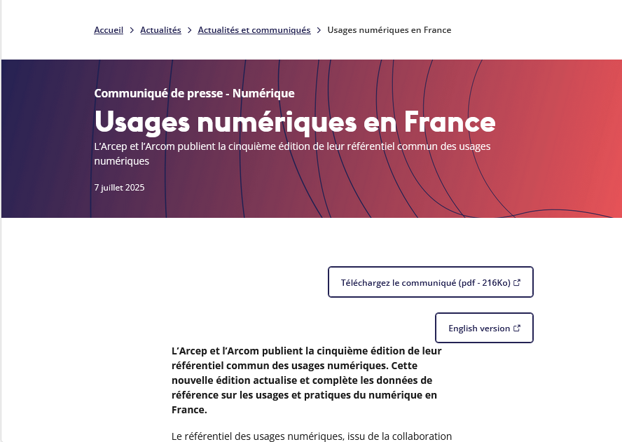 📊 Rapport sur le référentiel des usages numériques 2025 de l'ARCEP